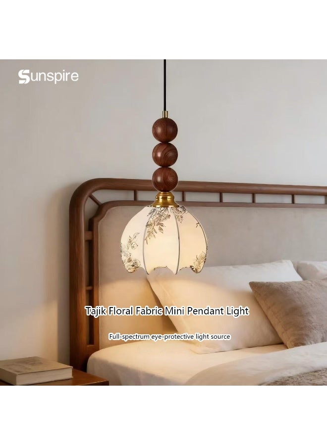 Sunspire French vintage-style pendant light, ceiling-mounted fixture with LED bulb featuring three-colour adjustable dimming. Adorned with a patterned fabric lampshade, suitable for recessed ceiling installation in corridors, bedrooms, living rooms, and kitchen entrances. - Image 5