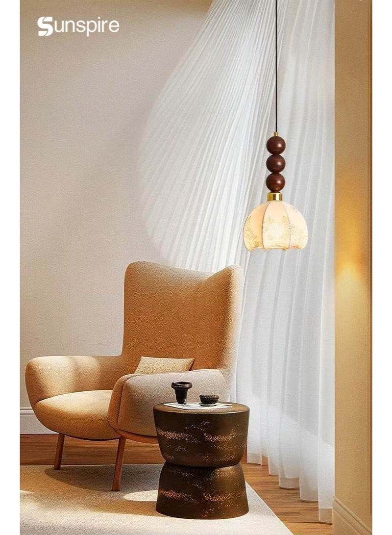 Sunspire French vintage-style pendant light, ceiling-mounted fixture with LED bulb featuring three-colour adjustable dimming. Adorned with a patterned fabric lampshade, suitable for recessed ceiling installation in corridors, bedrooms, living rooms, and kitchen entrances. - Image 2