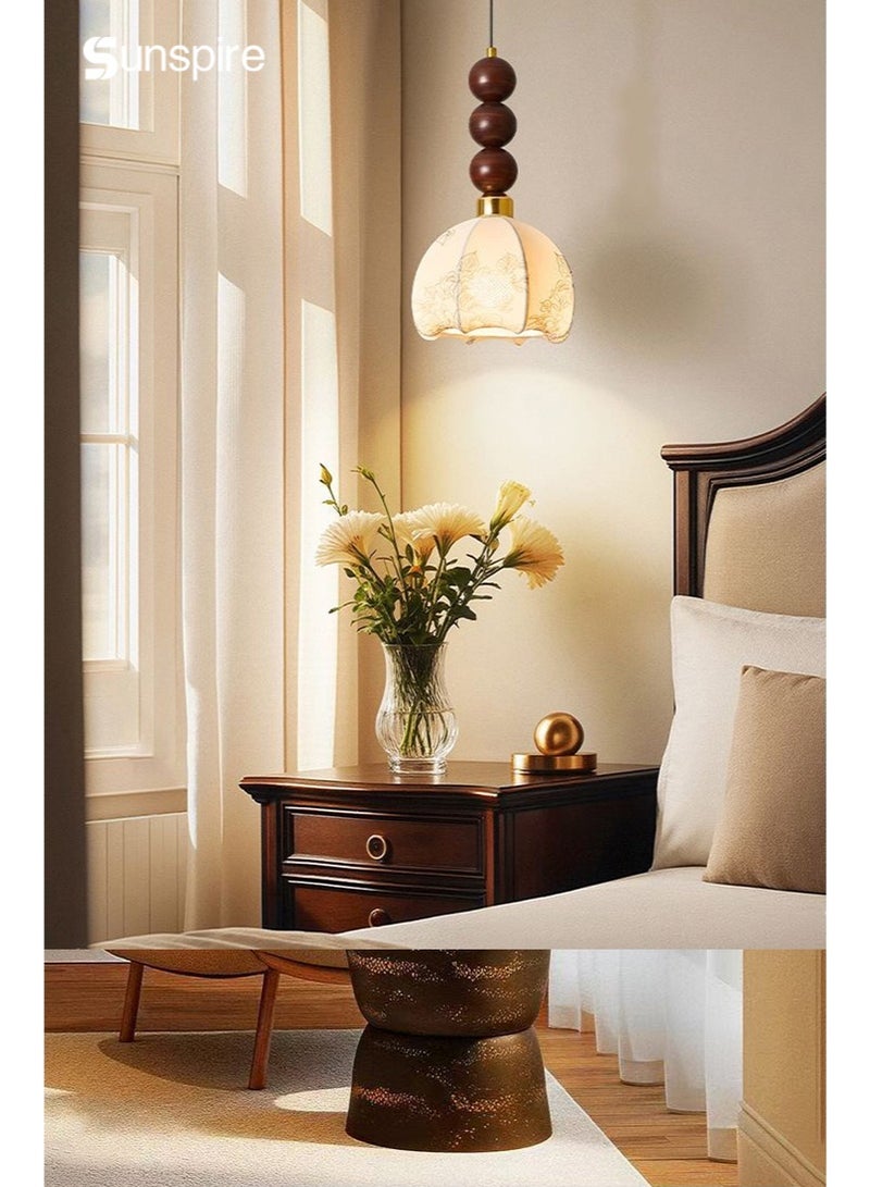Sunspire French vintage-style pendant light, ceiling-mounted fixture with LED bulb featuring three-colour adjustable dimming. Adorned with a patterned fabric lampshade, suitable for recessed ceiling installation in corridors, bedrooms, living rooms, and kitchen entrances. - Image 3