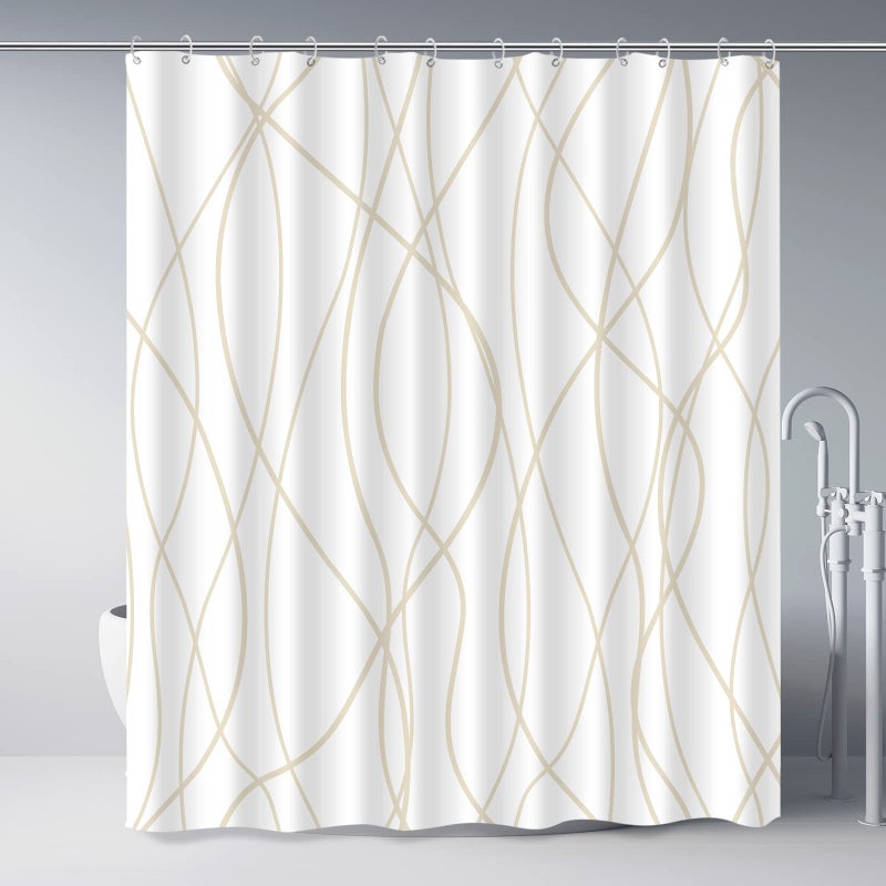 Punkray Beige Khaki Shower Curtain for Bathroom with Hooks, Extra Long Shower Curtain Set Stripe Bath Curtains Decorative White Shower Curtains Weighted Hem Water Repellent Washable, 72 x 72 - Image 1