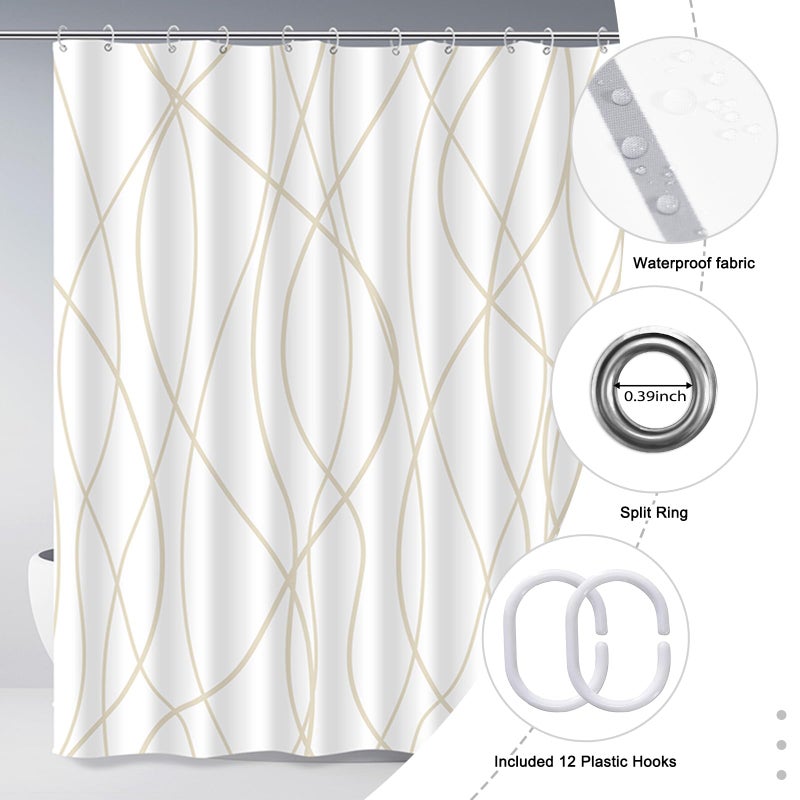 Punkray Beige Khaki Shower Curtain for Bathroom with Hooks, Extra Long Shower Curtain Set Stripe Bath Curtains Decorative White Shower Curtains Weighted Hem Water Repellent Washable, 72 x 72 - Image 5