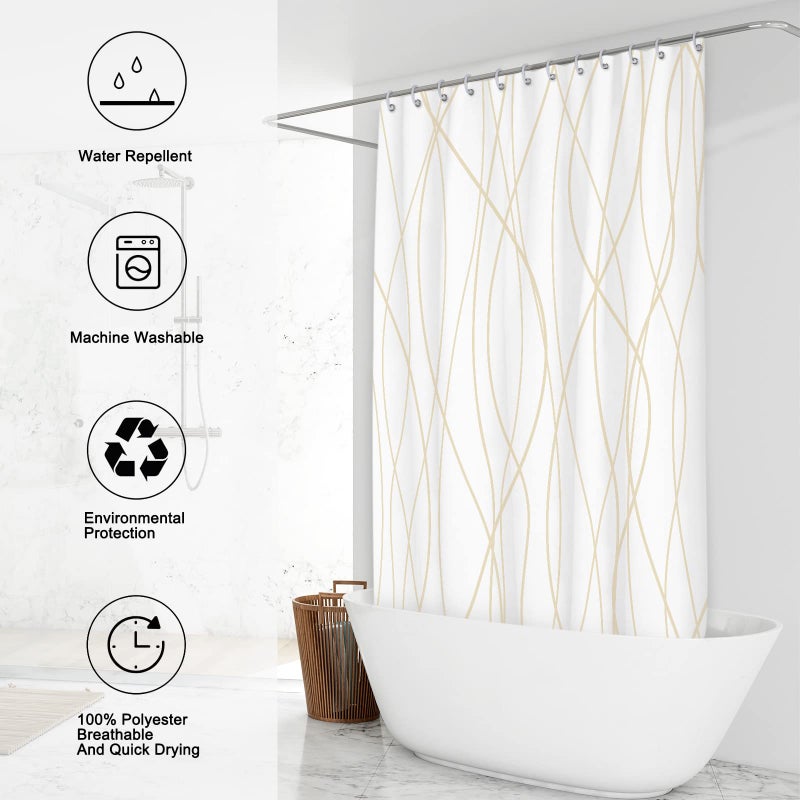 Punkray Beige Khaki Shower Curtain for Bathroom with Hooks, Extra Long Shower Curtain Set Stripe Bath Curtains Decorative White Shower Curtains Weighted Hem Water Repellent Washable, 72 x 72 - Image 3