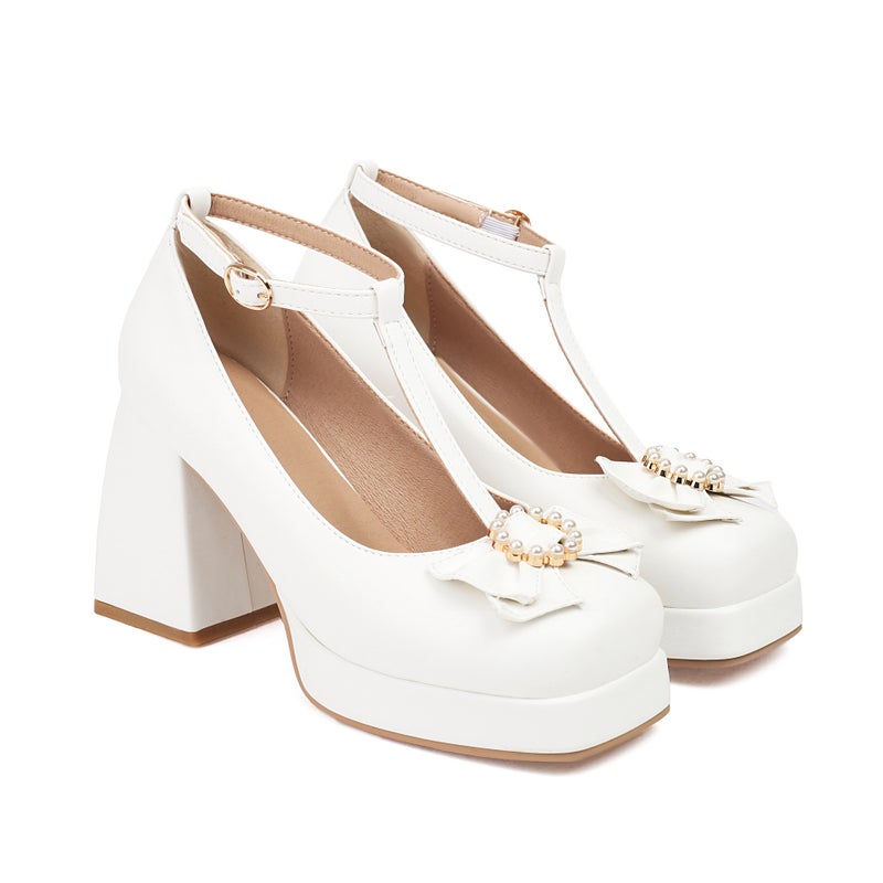 2024 Spring Fashion Square Bow 40-48 Super Plus Size Thick-Soled High-Heeled Shoes - Image 1