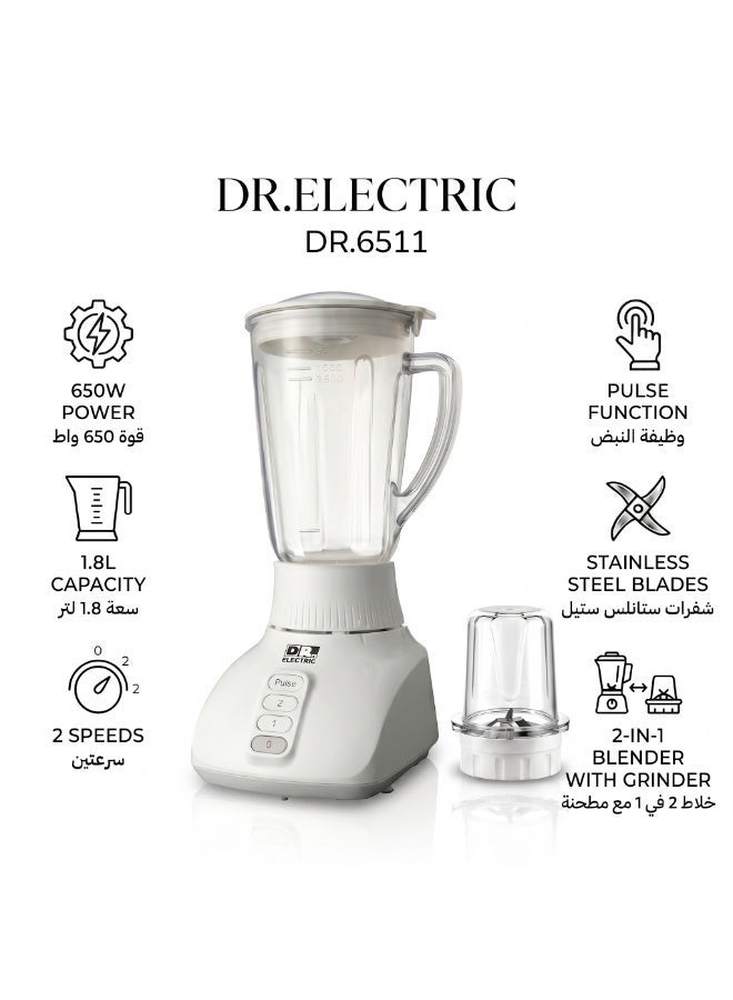 DR.ELECTRIC Electric Blender 2 in 1, 650W, 1.8L, with Grinder, Stainless Steel Blades, 2 Speeds with Pulse, DR.6511 - Image 1