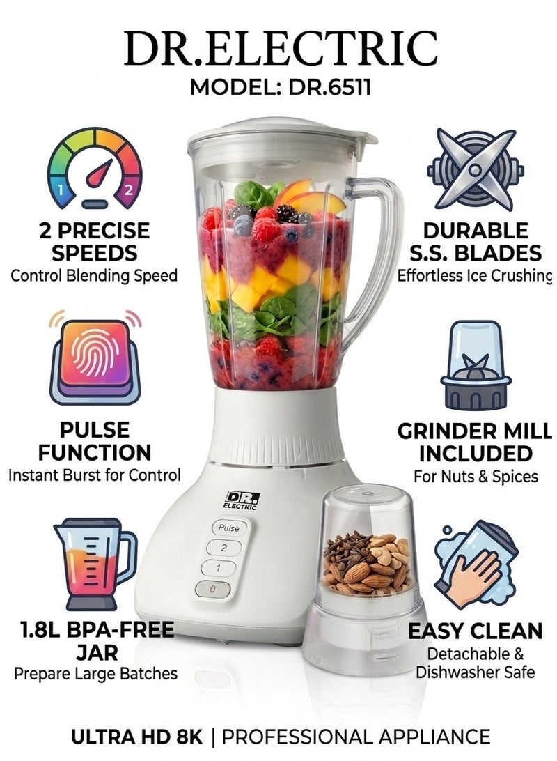 DR.ELECTRIC Electric Blender 2 in 1, 650W, 1.8L, with Grinder, Stainless Steel Blades, 2 Speeds with Pulse, DR.6511 - Image 3