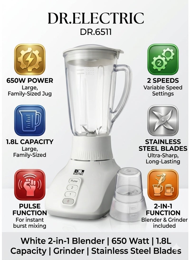 DR.ELECTRIC Electric Blender 2 in 1, 650W, 1.8L, with Grinder, Stainless Steel Blades, 2 Speeds with Pulse, DR.6511 - Image 4