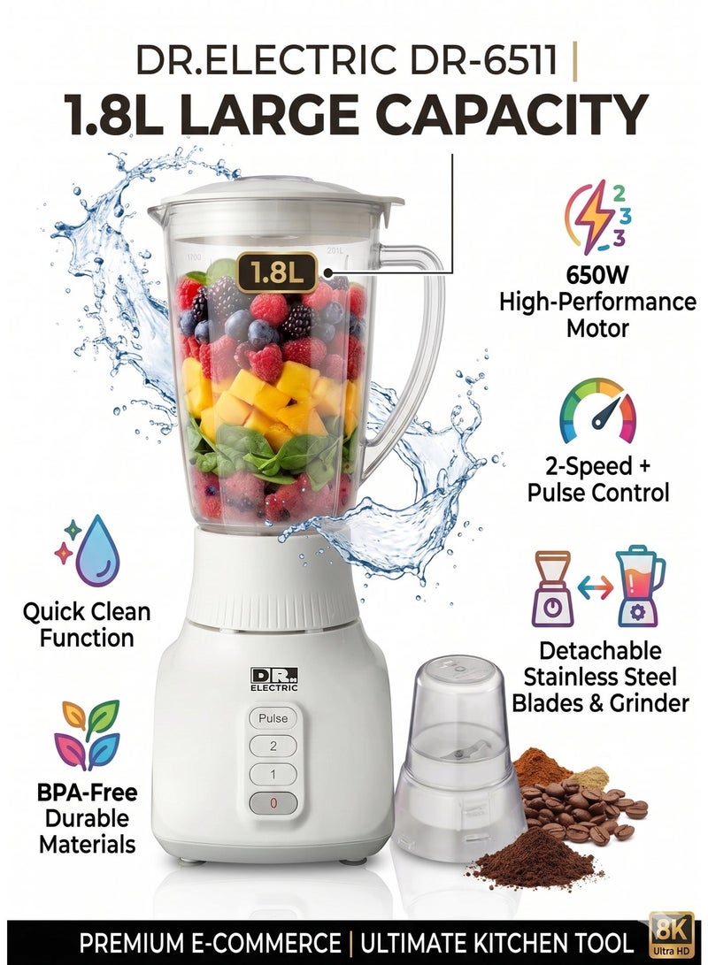 DR.ELECTRIC Electric Blender 2 in 1, 650W, 1.8L, with Grinder, Stainless Steel Blades, 2 Speeds with Pulse, DR.6511 - Image 2