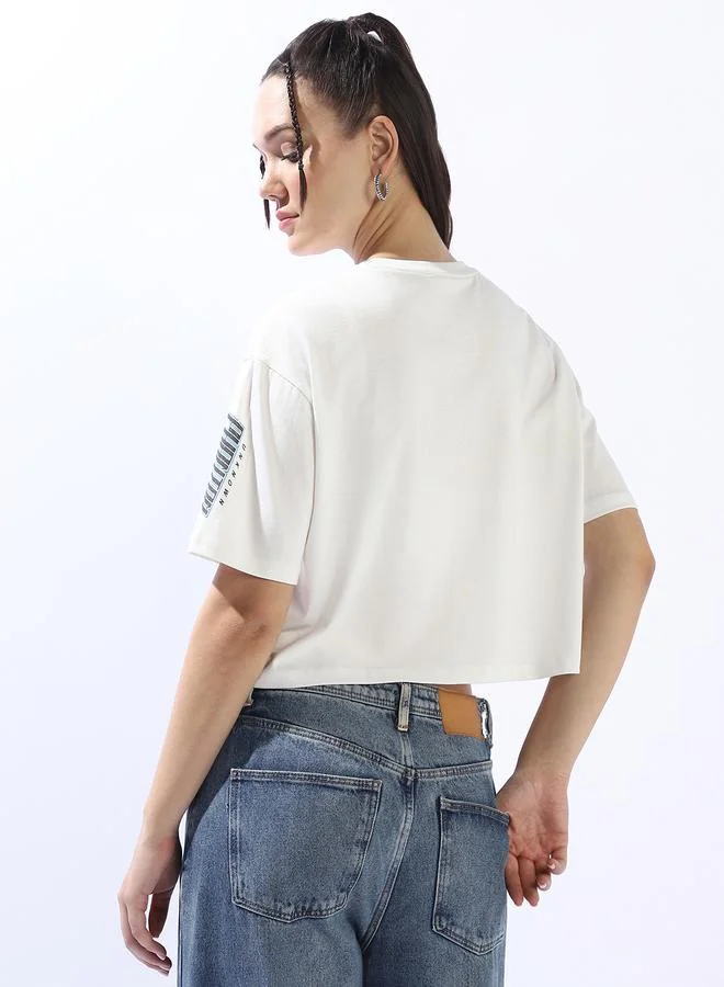 HIGH STAR Off White Women's Off White 100% Cotton Printed Boxy Fit T-Shirt for Women | Best Price UAE