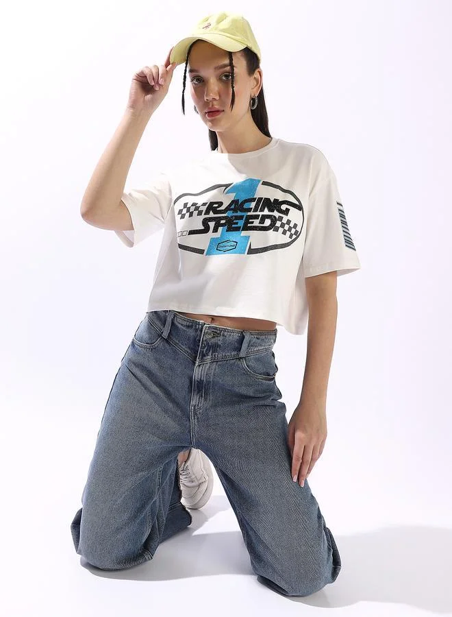 HIGH STAR Off White Women's Off White 100% Cotton Printed Boxy Fit T-Shirt for Women | Best Price UAE