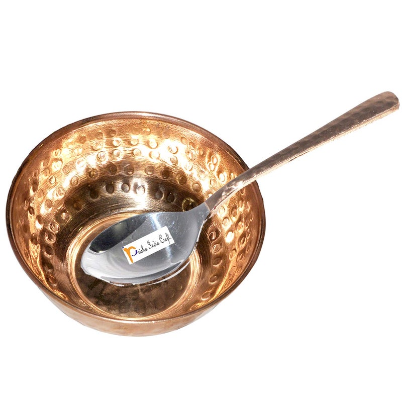 Prisha India Craft Prisha India Craft Copper Serving Bowl with Spoon Hammered Design Capacity 320 ML - Image 1