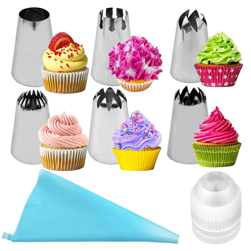 Large Decorating Nozzle Set 8 Pieces Stainless Steel Icing Tube For Cake Decorating Frosting Cookies 1 12 Inch Reusable Nozzle 6 Squeezing Nozzles 1 Conversion Head - Image 1