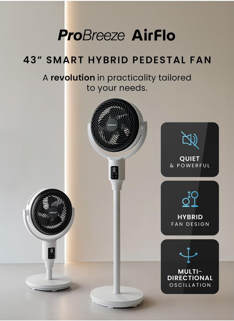 Pro Breeze - Pro Breeze® AirFlo 43" Hybrid Standing Pedestal Fan 24dB Silent with Remote, Multidirectional Vortex 135° Horizontal & 100° Vertical Oscillating, 4 Speeds, 108-60cm Adjustable Height - Image 1