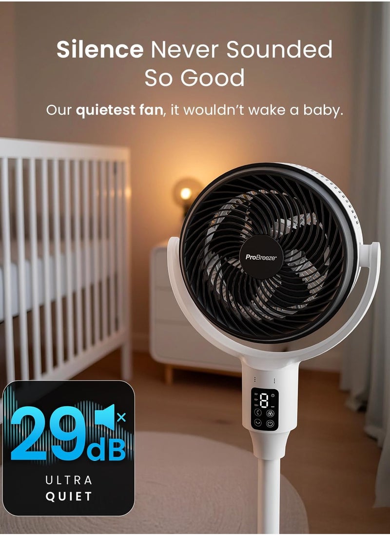 Pro Breeze - Pro Breeze® AirFlo 43" Hybrid Standing Pedestal Fan 24dB Silent with Remote, Multidirectional Vortex 135° Horizontal & 100° Vertical Oscillating, 4 Speeds, 108-60cm Adjustable Height - Image 1