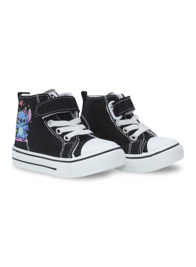 Baby Girls Canvas Half Boots – Black with Stitch Print - Image 1