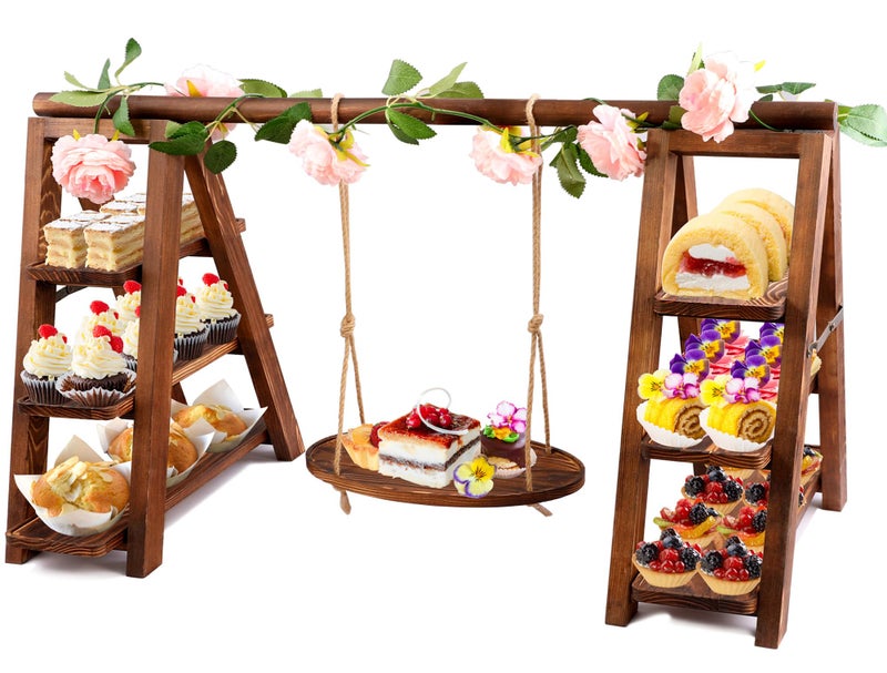 meiqidi 3 Tier Wooden Cupcake Stand with Swing and Flower Decoration, Large Dessert Stands with Serving Tray, Removable Trays, Foldable Ladder Food Display Set for Cake Snack Fruit Chips Bread Centerpieces (Dark Brown) - Image 1