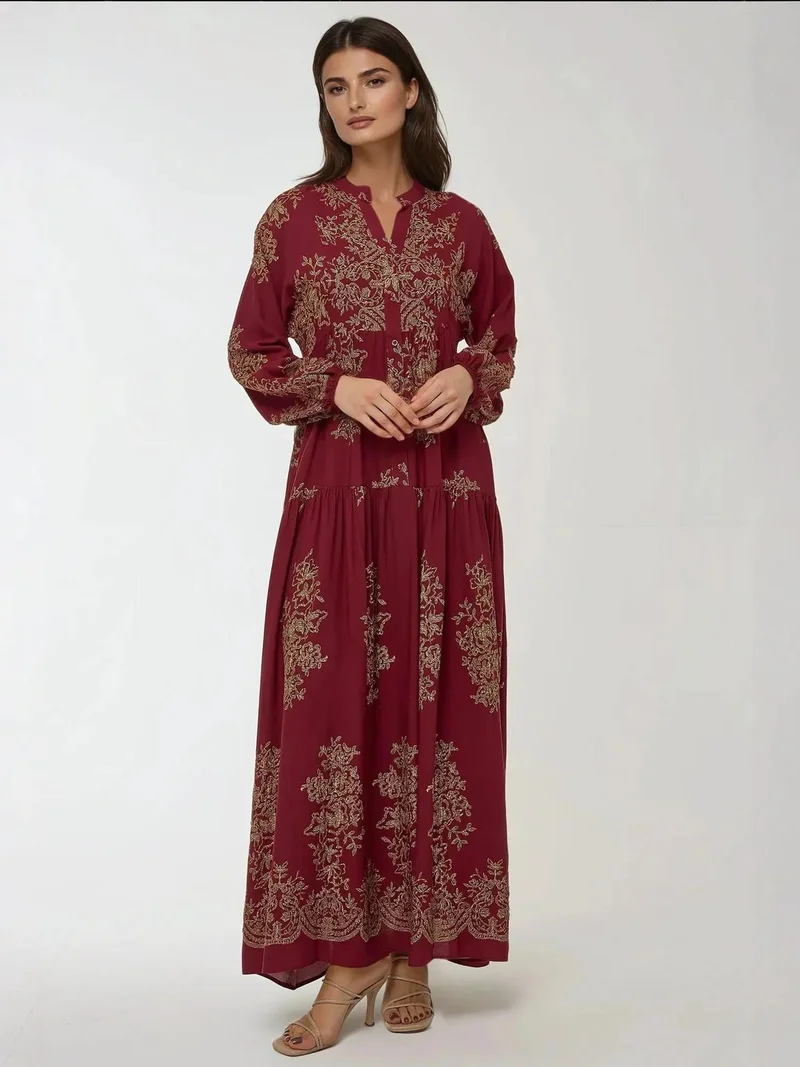 Hiccup Red Printed Long Sleeve Viscose Maxi Dress for Women | Best Price UAE