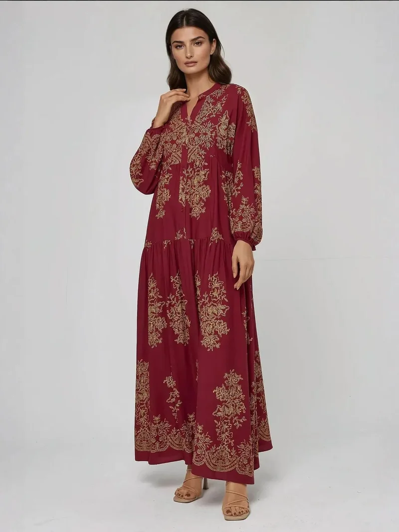 Hiccup Red Printed Long Sleeve Viscose Maxi Dress for Women | Best Price UAE