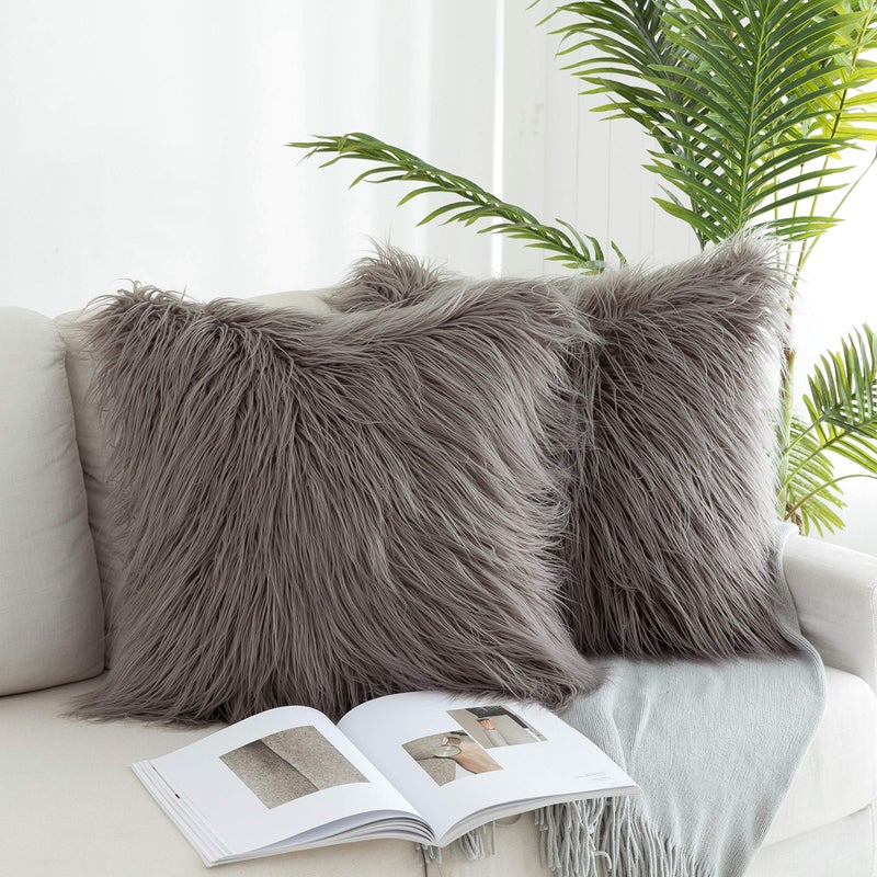 Kevin Textile Merino Style Mongolian Decorative Faux Fur Fur Fur European Same Throw Covers for Set Couch من 2 20 "" x20 "" (50 × 50 سم) رمادي