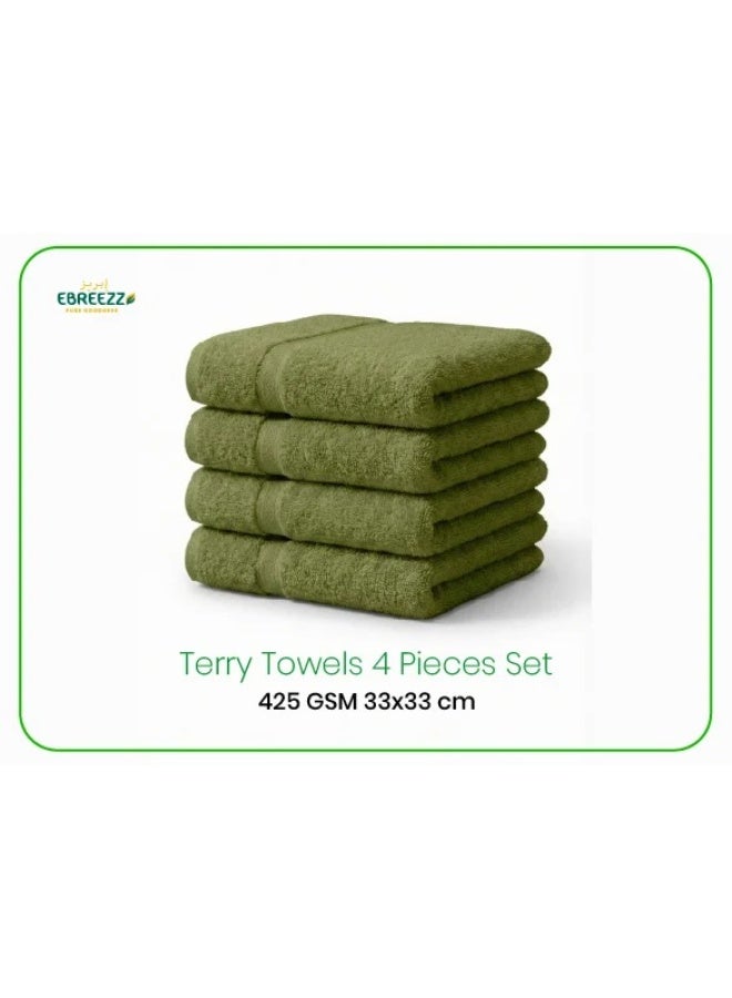 Premium Terry Face Towels Set – 4 Pieces, 425 GSM Soft Cotton Towels (33×33 cm)
