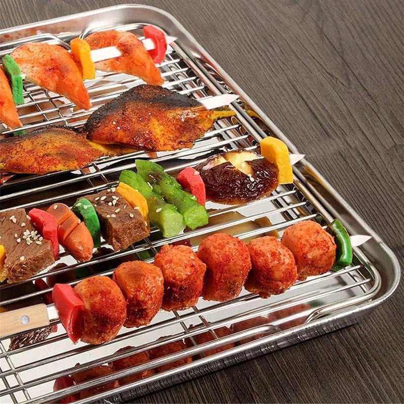 12 Pieces Heavy Duty Stainless Steel BBQ Skewers 17.6IN With Wooden Handles Long Flat Grill Skewers For Meat Chicken Shrimp Vegetables Durable Outdoor Grill Cooking Utensils - Image 5