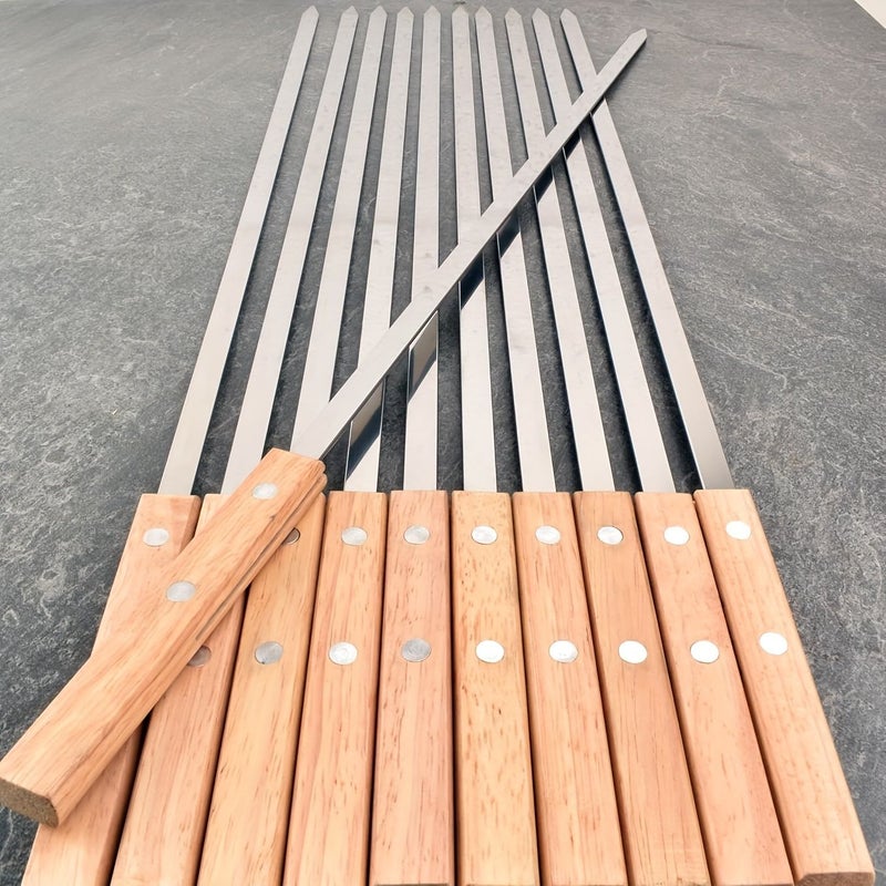 12 Pieces Heavy Duty Stainless Steel BBQ Skewers 17.6IN With Wooden Handles Long Flat Grill Skewers For Meat Chicken Shrimp Vegetables Durable Outdoor Grill Cooking Utensils - Image 1