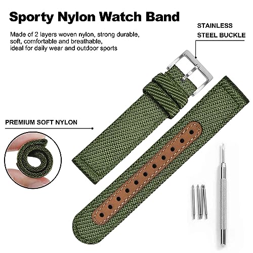 BISONSTRAP Sporty Nylon Watch Bands, Military Watch Strap for Men 20mm, Green with Silver Buckle - Image 4
