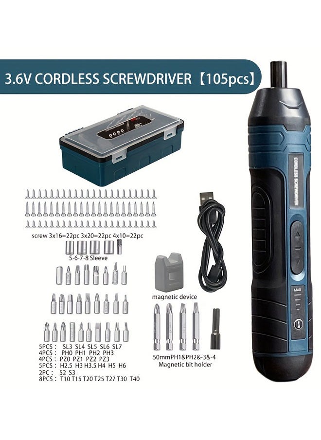 WINEENEE Heat-Resistant & Dustproof USB Cordless Screwdriver Kit with 105 Accessories – Adjustable Torque, Long-Lasting Battery for Saudi Home DIY Repairs & Professional Projects | Fast Charging & Portable Design  - Image 1