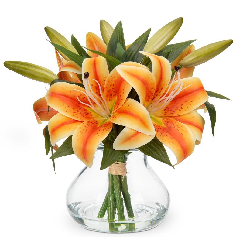 Hollyone Tiger Lily Fall Flowers Artificial for Decoration in Vase Real Touch Orange Autumn Silk Faux Flowers Arrangements with Glass Vase with Fake Water Lily Centerpiece Fall Decorations for Home - Image 2