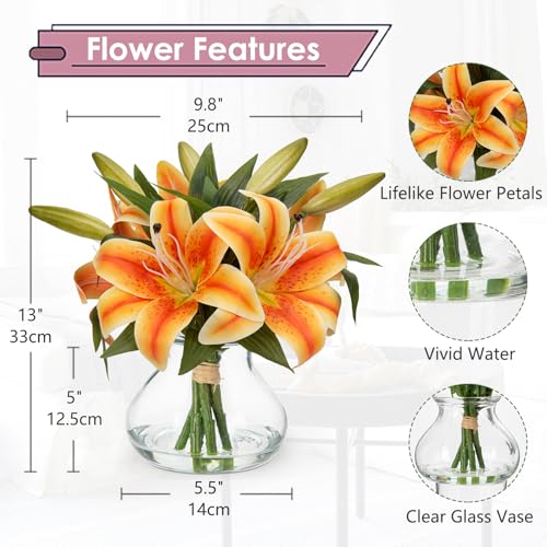 Hollyone Tiger Lily Fall Flowers Artificial for Decoration in Vase Real Touch Orange Autumn Silk Faux Flowers Arrangements with Glass Vase with Fake Water Lily Centerpiece Fall Decorations for Home - Image 3