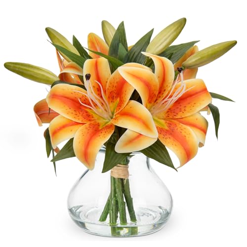 Hollyone Tiger Lily Fall Flowers Artificial for Decoration in Vase Real Touch Orange Autumn Silk Faux Flowers Arrangements with Glass Vase with Fake Water Lily Centerpiece Fall Decorations for Home - Image 1