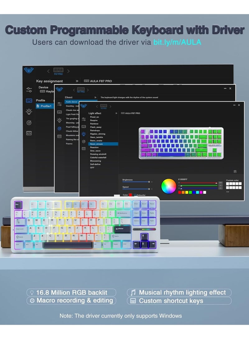 AULA F87 Wireless Mechanical Keyboard,80% TKL Custom Hot Swappable Keyboard, Gasket Mount Gaming Keyboard with PBT Keycaps, Pre-lubed Graywood Switch, 2.4GHz/USB-C/BT5.0 RGB Backlit Mechanical Keyboard - Image 2