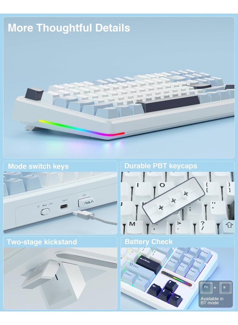 AULA F87 Wireless Mechanical Keyboard,80% TKL Custom Hot Swappable Keyboard, Gasket Mount Gaming Keyboard with PBT Keycaps, Pre-lubed Graywood Switch, 2.4GHz/USB-C/BT5.0 RGB Backlit Mechanical Keyboard - Image 4