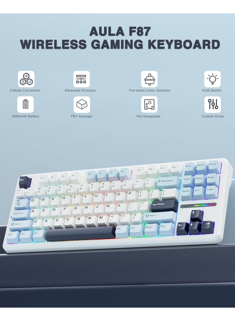 AULA F87 Wireless Mechanical Keyboard,80% TKL Custom Hot Swappable Keyboard, Gasket Mount Gaming Keyboard with PBT Keycaps, Pre-lubed Graywood Switch, 2.4GHz/USB-C/BT5.0 RGB Backlit Mechanical Keyboard - Image 5