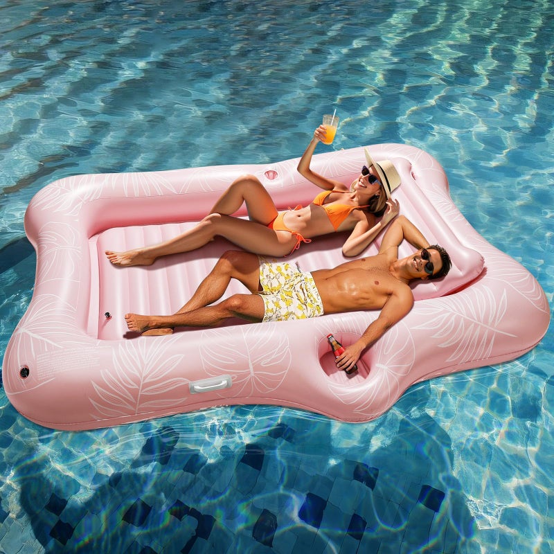 HeySplash Inflatable Pool Float Lounge, Large Inflatable Pool Floats Boat for Adults with Cup Holder & Detachable Pillow, Tanning Pool Lounger Float for Outdoor Lake River Summer Water Party,Pink Leaf - Image 1