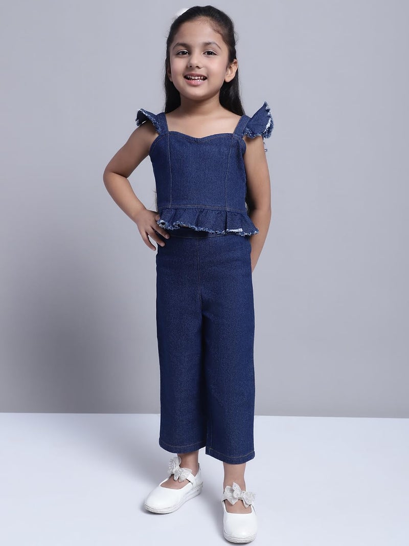superminis Girls Solid Denim Top And Trouser Co-Ords Set Dress (7-8 Years, Navy Blue) - Image 2