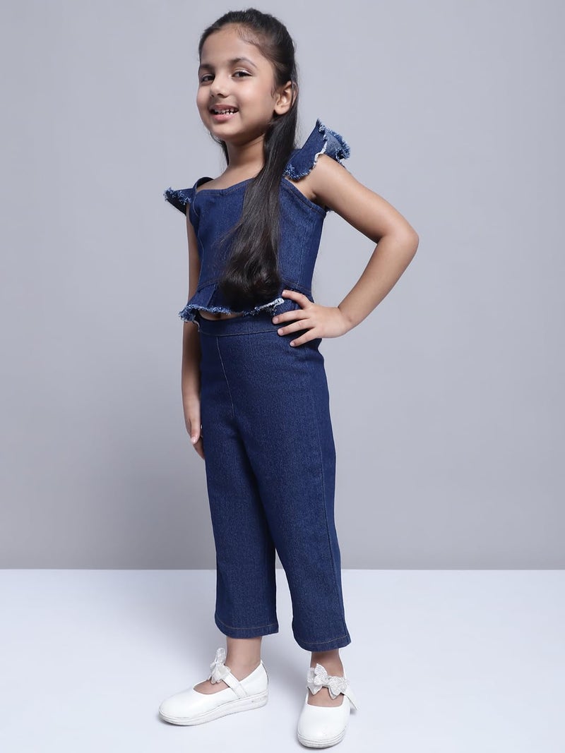 superminis Girls Solid Denim Top And Trouser Co-Ords Set Dress (7-8 Years, Navy Blue) - Image 5