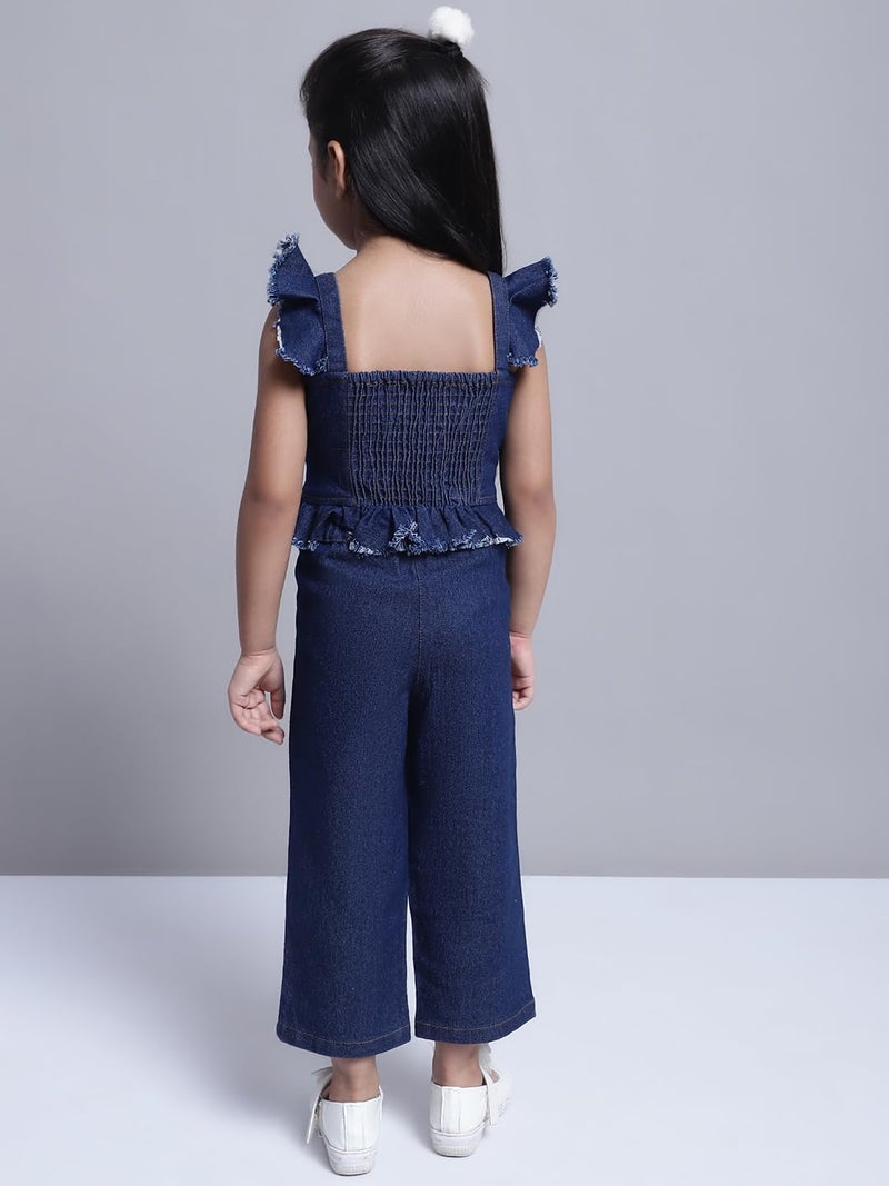 superminis Girls Solid Denim Top And Trouser Co-Ords Set Dress (7-8 Years, Navy Blue) - Image 3
