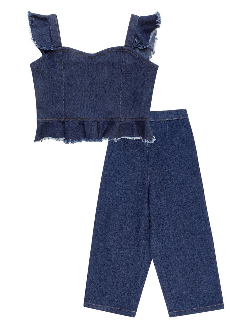 superminis Girls Solid Denim Top And Trouser Co-Ords Set Dress (7-8 Years, Navy Blue) - Image 1