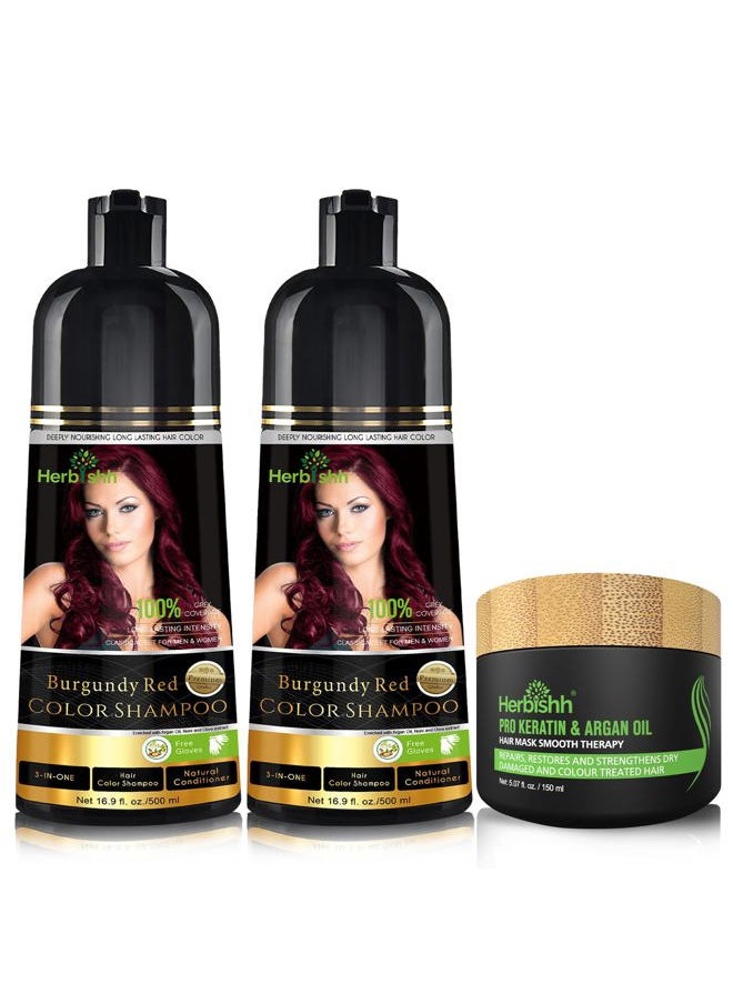 Herbishh - Combo Pack - Herbishh Color Shampoo for Gray Hair + Argan Intense Hair Mask - Long-lasting Dye, Colors in Minutes - Stimulates Dry, Frizzy Hair - 500 ml (Burgundy) - Image 1