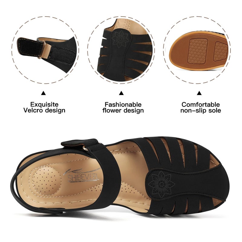 SHIBEVER Women Comfortable Flat Sandals: Dressy Summer Flats Sandal - Closed Toe Fisherman Hollow Out Sandals - Blakc Size 8 Walking Wedge Sandal - Image 5