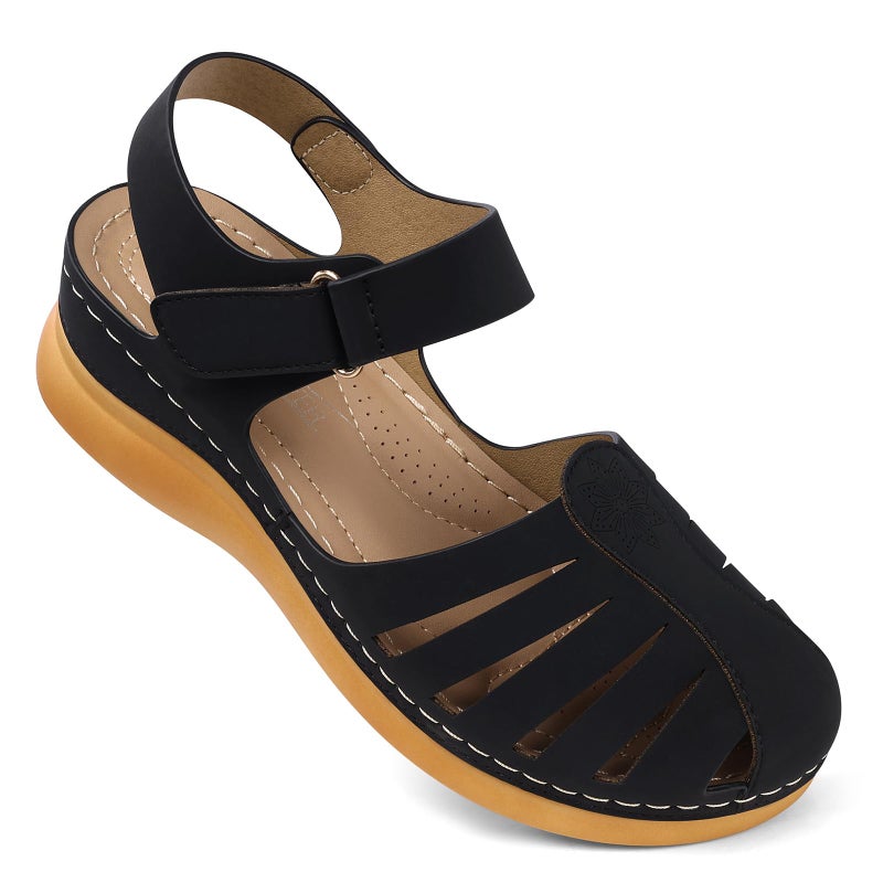 SHIBEVER Women Comfortable Flat Sandals: Dressy Summer Flats Sandal - Closed Toe Fisherman Hollow Out Sandals - Blakc Size 8 Walking Wedge Sandal - Image 1