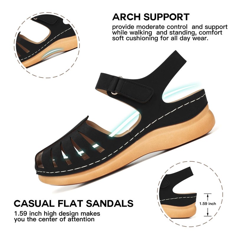 SHIBEVER Women Comfortable Flat Sandals: Dressy Summer Flats Sandal - Closed Toe Fisherman Hollow Out Sandals - Blakc Size 8 Walking Wedge Sandal - Image 4