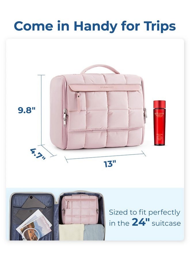 BAGSMART Travel Toiletry Bag, Lightweight Full-Open Hanging Toiletry Bag For Women, Puffy Cosmetic Makeup Bag Organizer With Handle For Accessories, Essentials, Toiletries (Pink)  - Image 3