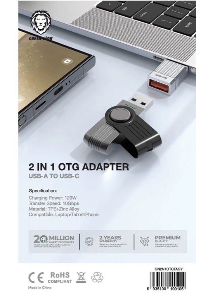 GREEN LION - 2 In 1 OTG Adapter USB 3.0 To Type-C / Wide Compatibility / Long term use / High-Speed Transmission / Zinc Alloy Shell / 120W Charging / 10 Gbps Data Transfer - Grey - Image 1