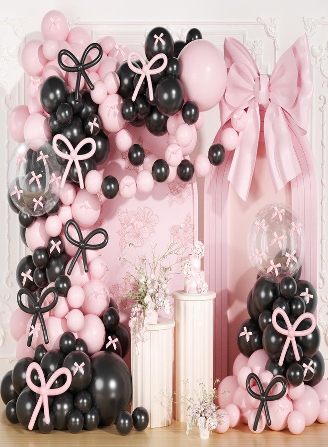 JOGAMS Pink and Black Balloons Arch Kit, 199Pcs Pink and Black Bow Birthday Decorations with 260 Bubble Balloons Ribbon for Coquette Bow Theme Birthday Bridal Shower Bachelorette Baby Shower Wedding - Image 1