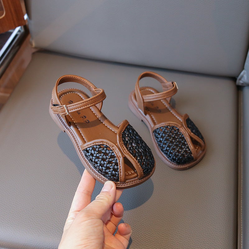 Summer Woven Cut Out Toe-Cap Sandals For Kidsren, Girls' Outer Wear, Breathable One-Line Buckle Sandals - Image 5