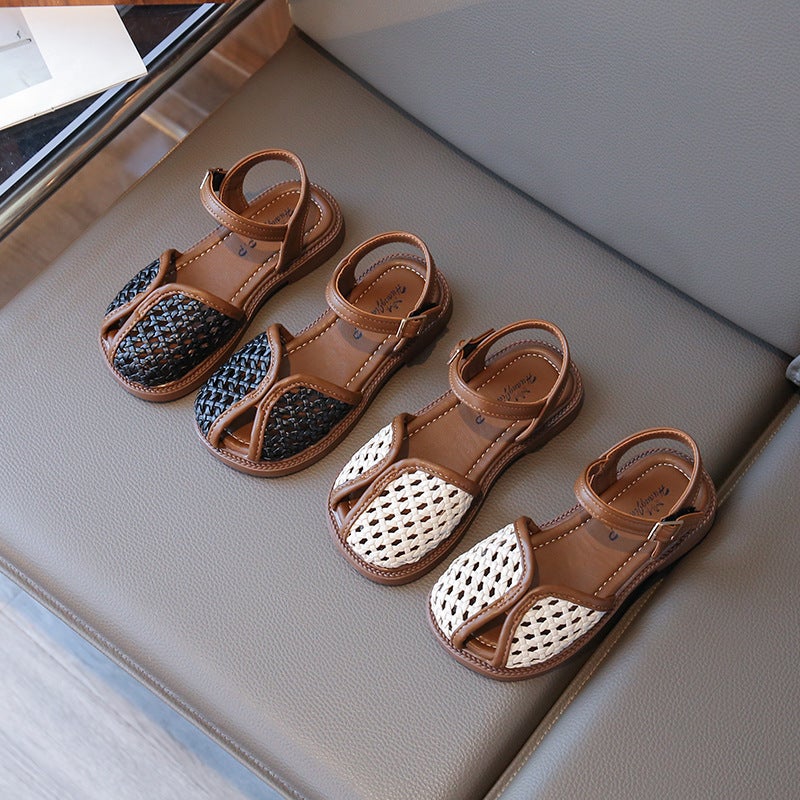 Summer Woven Cut Out Toe-Cap Sandals For Kidsren, Girls' Outer Wear, Breathable One-Line Buckle Sandals - Image 3
