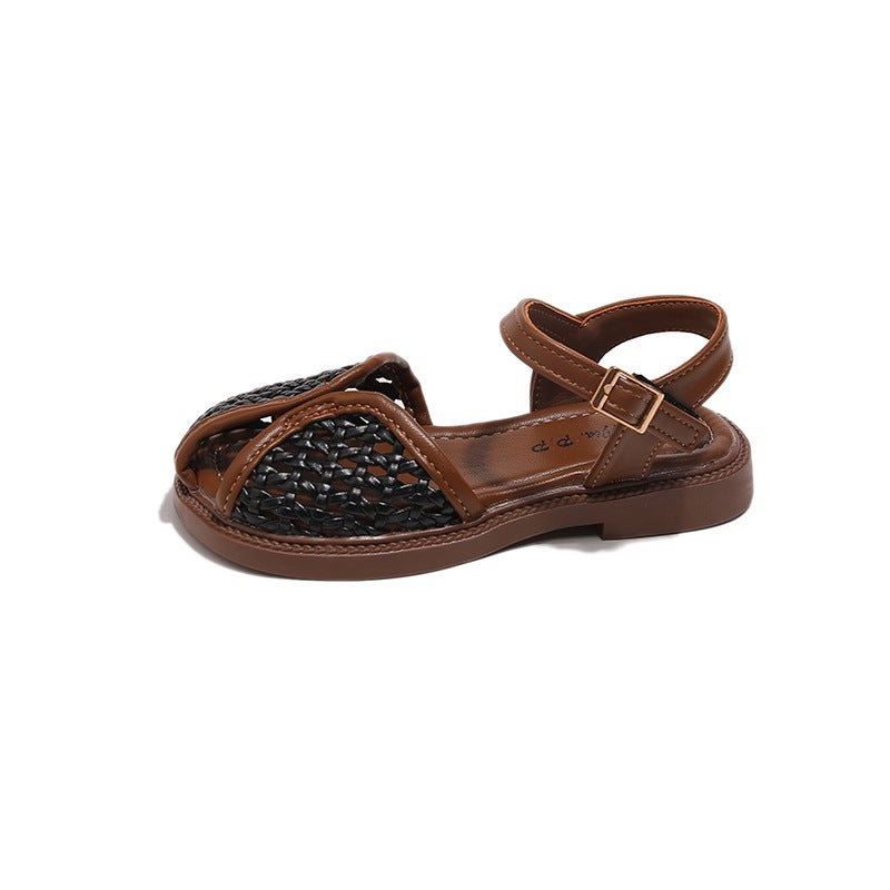 Summer Woven Cut Out Toe-Cap Sandals For Kidsren, Girls' Outer Wear, Breathable One-Line Buckle Sandals - Image 1