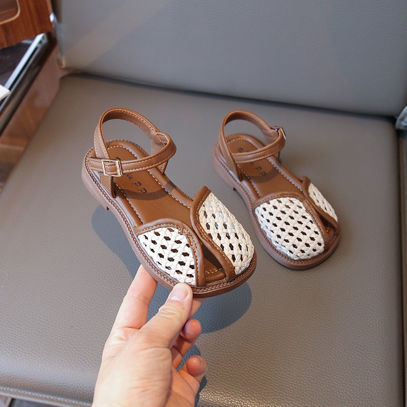 Summer Woven Cut Out Toe-Cap Sandals For Kidsren, Girls' Outer Wear, Breathable One-Line Buckle Sandals - Image 4
