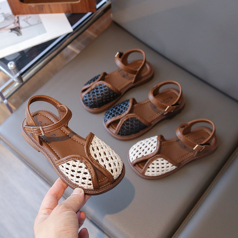 Summer Woven Cut Out Toe-Cap Sandals For Kidsren, Girls' Outer Wear, Breathable One-Line Buckle Sandals - Image 2